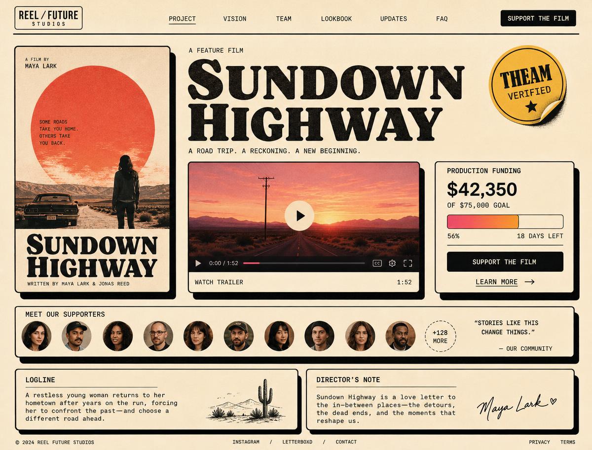 A Theam film page with poster, trailer, supporters and funding progress